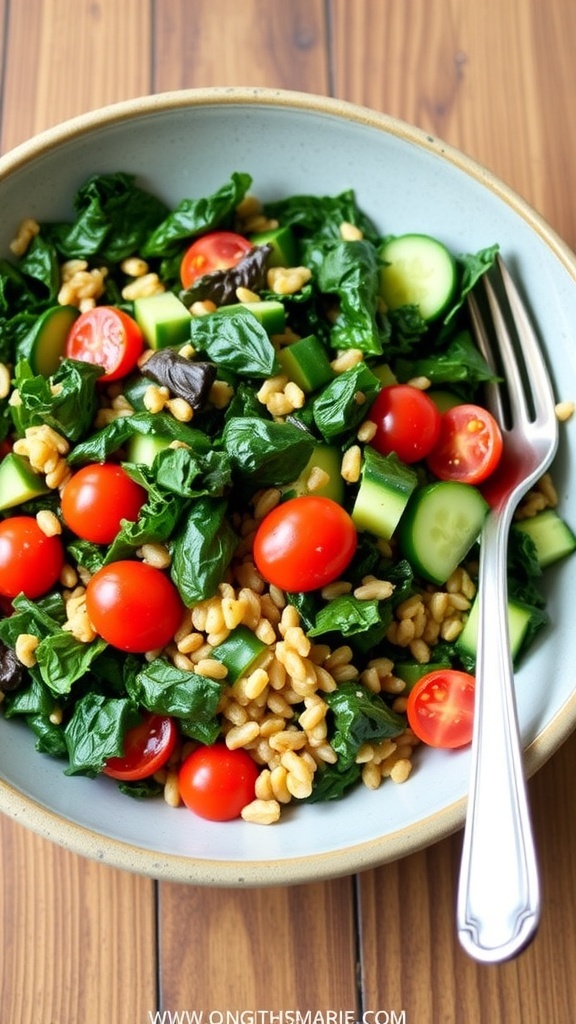 A colorful kale and farro salad with cherry tomatoes and cucumber in a rustic bowl.
